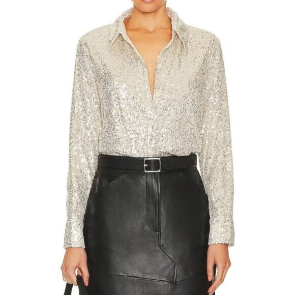 Sanctuary Radiant Long Sleeve Sequin Shirt Button Down Champagne Silver Medium - Picture 1 of 8